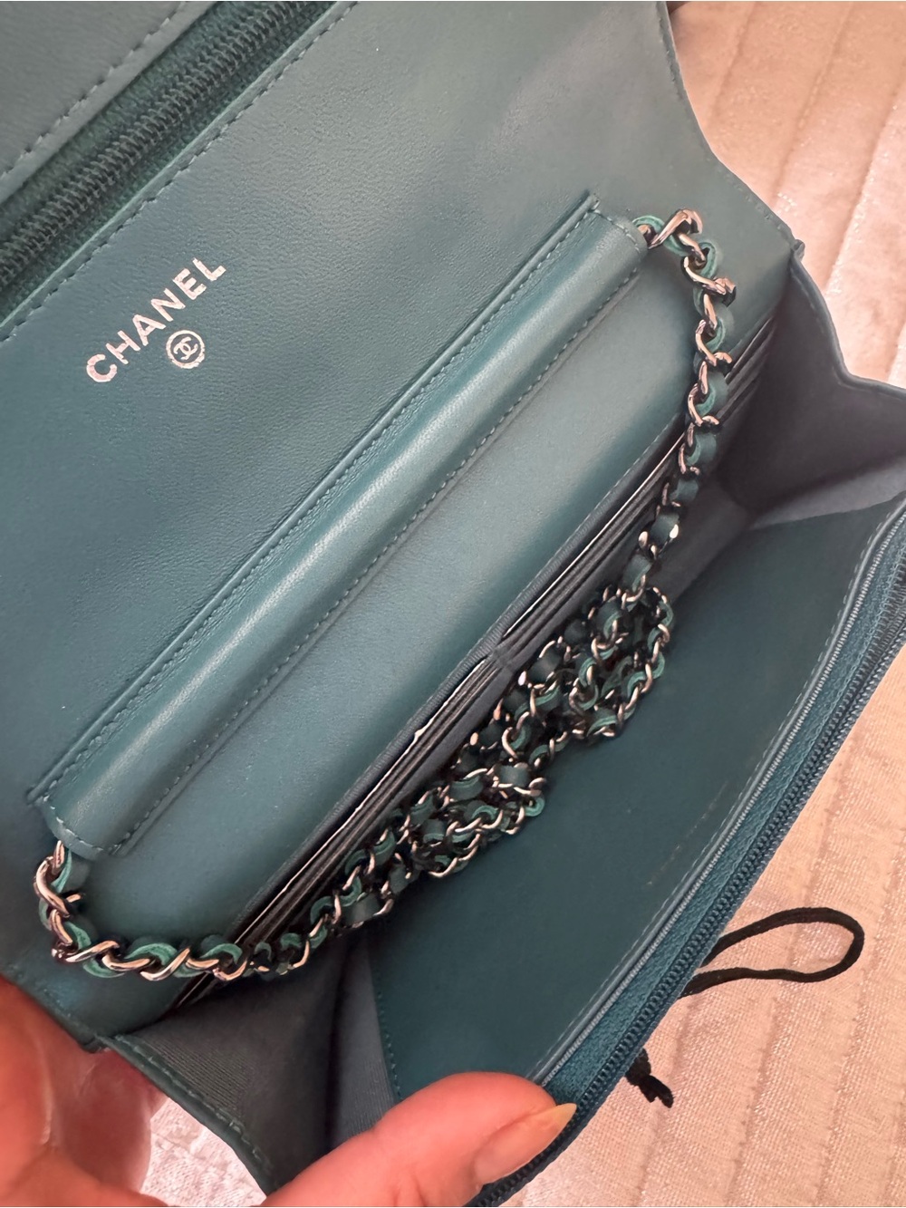 CHANEL Teal Quilted Leather Crossbody with Chain Strap - Picture 3 of 5